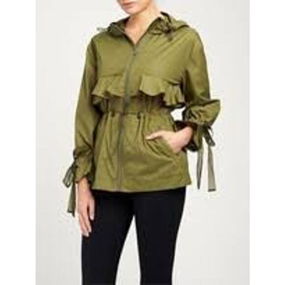 Marchesa Hooded Ruffle Rain Jacket Army Green Size Large - Picture 1 of 11